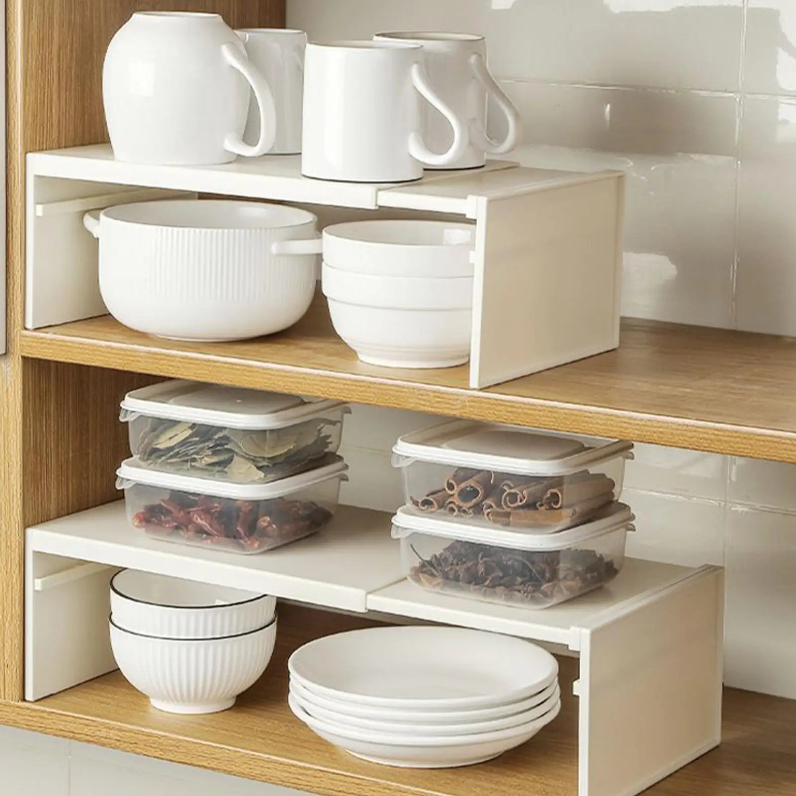 Kitchen Stretchable Cabinet Shelf Household Stackable Vertically Layered Storage Rack Heavy Duty Countertop Organizer