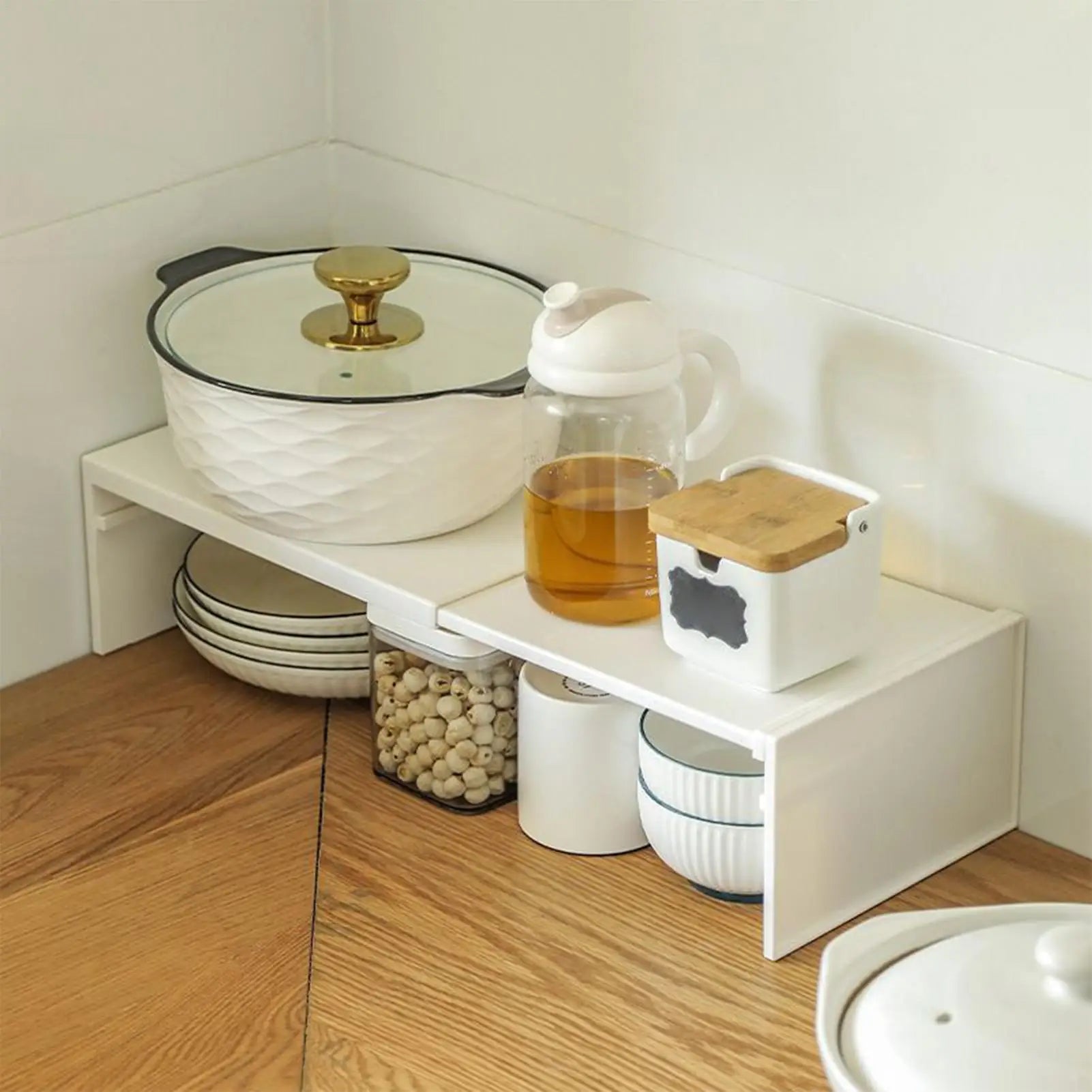 Kitchen Stretchable Cabinet Shelf Household Stackable Vertically Layered Storage Rack Heavy Duty Countertop Organizer